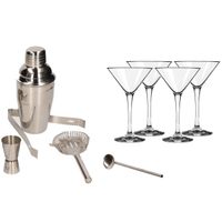 Cocktailshaker set RVS 5-delig inclusief 4x cocktail/martini glazen 250 ml