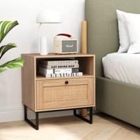 Nachtkastje van Rotan Nachtkastje met Lade en Open Vak Bijzettafel Banktafel Nachtkastje in Boho-Stijl voor Slaapkamer Woonkamer