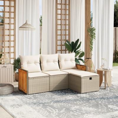 4-delige Loungeset met kussens poly rattan beige