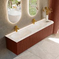 Badmeubel Mondiaz Kurve-Dlux | 175 cm cm | Meubelkleur Ruby | Wastafelkleur Frappe | Solid surface | Dubbel / Links spoelbak | 2 kraangaten