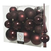 Set van 26x stuks kunststof kerstballen incl. glazen piek glans mahonie bruin   -
