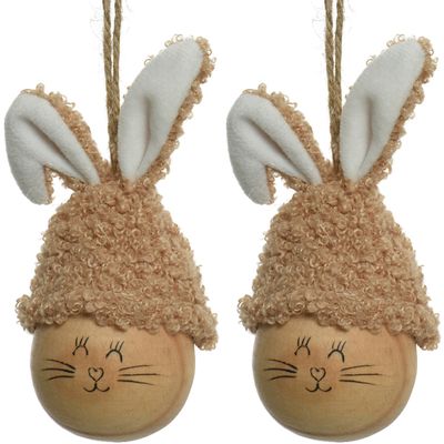2x decoratie paashaas paasei hangend - 12 cm - bruin - kunststof