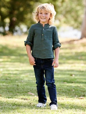 Rechte jeans voor jongens MorphologiK "waterless" met heupomtrek SMALL ruw denim