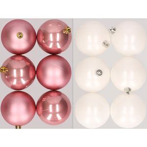 12x stuks kunststof kerstballen mix van oudroze en winter wit 8 cm