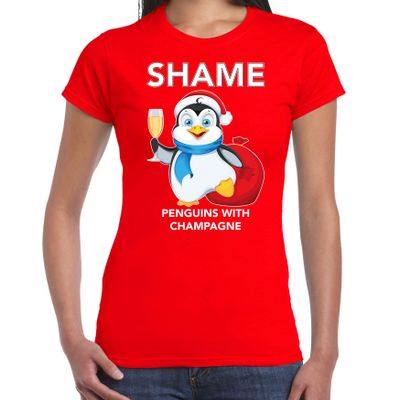Pinguin Kerst t-shirt / outfit Shame penguins with champagne rood voor dames Pinguin Kerst t-shirt / outfit Shame penguins with champagne rood voor dames