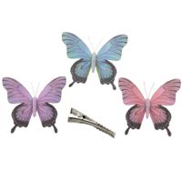 3x stuks decoratie vlinders op clip - paars/blauw/roze - 12 cm   -