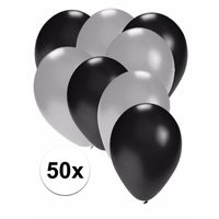 50x ballonnen - 27 cm - zilver / zwarte versiering - thumbnail