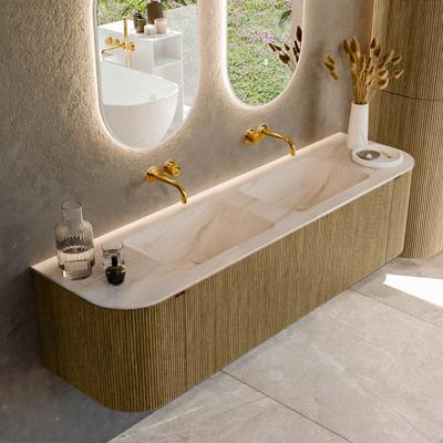 Badmeubel Mondiaz Kurve-Dlux | 170 cm | Meubelkleur Dusk | Wastafelkleur Meli | Solid surface | Wasbak beide zijden spoelbak | Zonder kraangat(en)