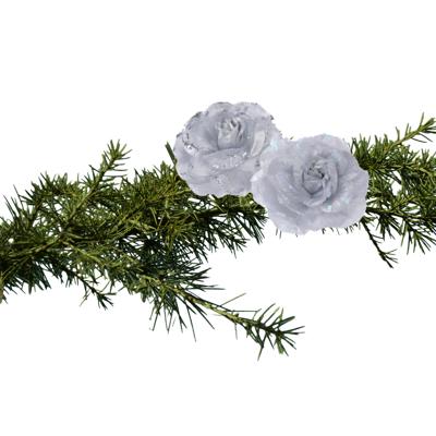 Kerstboomversiering Bloemen - 2x stuks - 9 cm - zilver glitter - op clip - ornament