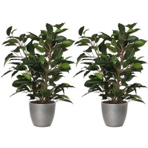 2x stuks groene ficus kunstplant 40 cm met plantenpot zilver metallic D13.5 en H12.5 cm - Kunstplanten