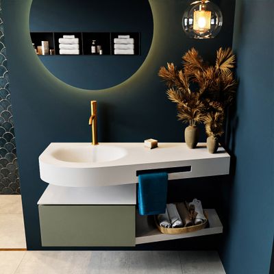 MONDIAZ RIVA 120cm badmeubel onderkast / planchet kleur Army met 1 lade. Wastafel DULCET links 1 kraangat kleur Talc. MONDIAZ RIVA 120cm badmeubel onderkast / planchet kleur Army met 1 lade. Wastafel DULCET links 1 kraangat kleur Talc.