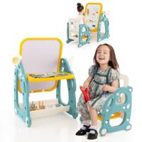 Schildersezel met Stoel Activiteitentafel en Stoel Verstelbaar Whiteboard met 3 Niveaus Ringwerpspel Opbergmand en Accessoires Blauw + Geel