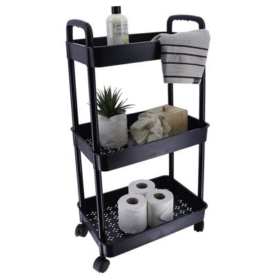 Tendance Keuken/badkamer trolley 3 laags - 38 x 26 x 77 cm - zwart - kunststof - met wielen