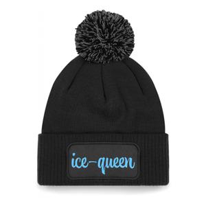 Wintersport muts met pompom - Ice Queen - zwart - blauwe glitter - one size - volwassenen - Apresski