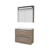 Basic-Line Premium 39 Badkamermeubelset - Ondiep - 80 x 39 cm - Greeploos - 2 Lades - Acryl Wastafel - 1 Kraangat - Spiegelkast met LED Verlichting - Scotch Oak