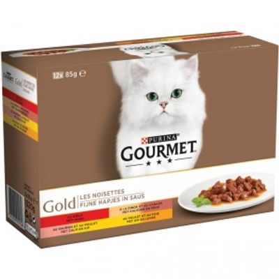 Gourmet Gold Fijne Hapjes in saus met rund, kalkoen en eend, zalm en kip, kip en lever (85g) 96 x 85 g