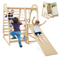 Costway 6-In-1 Houten Klimrek Speeltoestel - Indoor Kinder Speeltoestel met Glijbaan en Tent - 115 cm x 108 cm x 127 cm