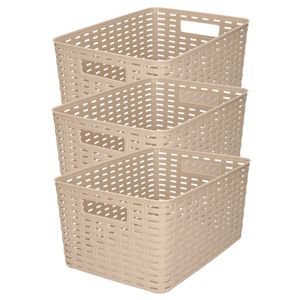 3x stuks rotan gevlochten opbergmand/opbergbox kunststof - Taupe - 22 x 33 x 16 cm - Opbergbox