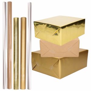 8x Rollen kraft inpakpapier goud/transparant pakket - goud/cellofaan/bruin 500 x 70 cm - 400 x 50 cm