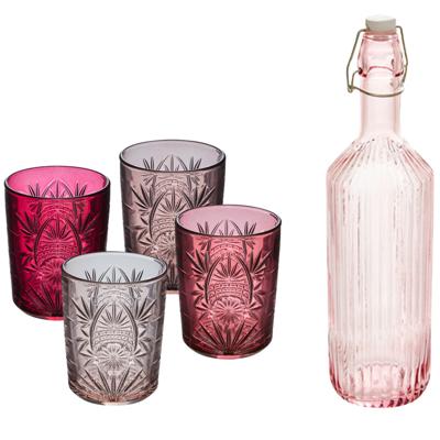 Waterglazen set Ayla - 4x stuks - met waterfles - transparant roze