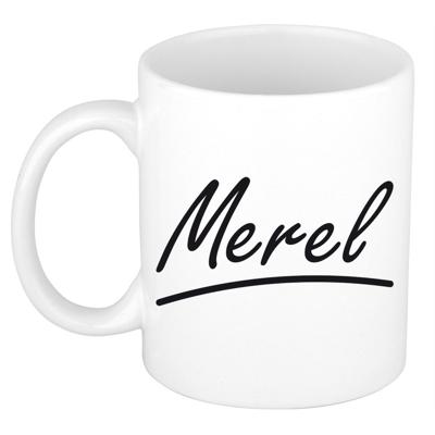 Merel Naam koffiemok - beker - met sierlijke letters - wit - 300 ml - Cadeau - Dames