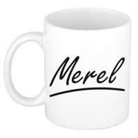 Merel Naam koffiemok - beker - met sierlijke letters - wit - 300 ml - Cadeau - Dames