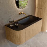 Mondiaz KURVE 95 cm Onderkast Greeploos 1 Lade Met Deuren Oak, Wastafel Solid Surface Rechts Urban 0 Kraangaten Zonder Spiegel (KRVBGS95L1L1D0KR-Oak/Urb)