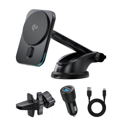Telefoonhouder auto Zuignap & Ventilatie rooster - Magnetisch - Draadloos laden - Met Snellader Autolader - 15 Watt Fast Charge - Geschikt voor MagSafe - GSM houder auto - 360° Rotatie - Zwart (PSQ2-CAR-SC)
