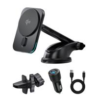 Telefoonhouder auto Zuignap & Ventilatie rooster - Magnetisch - Draadloos laden - Met Snellader Autolader - 15 Watt Fast Charge - Geschikt voor MagSafe - GSM houder auto - 360° Rotatie - Zwart (PSQ2-CAR-SC)
