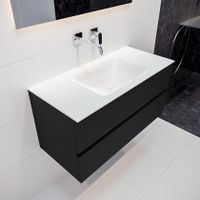 Mondiaz Vica Cloud badmeubel zwart mat 100 cm 2 lades solid surface enkele spoelbak midden zonder kraangat
