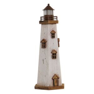 Maritieme decoraties beeldje Vuurtoren - Hout - 16 x 41 cm - wit/hout - met LED lampje