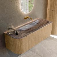 Badmeubel Mondiaz Kurve-Dlux | 125 cm | Meubelkleur Oak | Wastafelkleur Sombra | Solid surface | Wasbak rechter zijde spoelbak | Zonder kraangat(en)