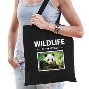 Katoenen tasje Pandas zwart - wildlife of the world Panda cadeau tas