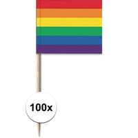 100x Vlaggetjes prikkers gekleurde regenboogvlag 8 cm hout/papier   -