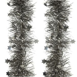 2x stuks lametta kerstslingers met sterretjes antraciet (warm grey) 270 x 10 cm - Kerstslingers
