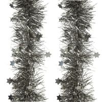 2x stuks lametta kerstslingers met sterretjes antraciet (warm grey) 270 x 10 cm - Kerstslingers - thumbnail