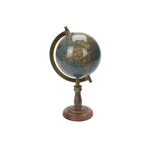 Decoratie wereldbol/globe blauw op mangohouten voet 13 x 28 cm