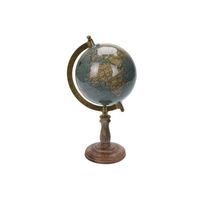 Decoratie wereldbol/globe blauw op mangohouten voet 13 x 28 cm - thumbnail