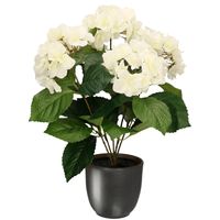 Hortensia kunstplant/kunstbloemen 40 cm - wit - in pot metallic grijs