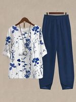 Crew Neck Buckle Floral Casual Two-Piece Set - thumbnail