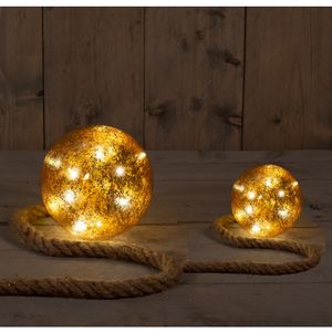 Verlichte kerstballen - 2x st -goud - glas - aan touw -D10 en D15 cm - warm wit