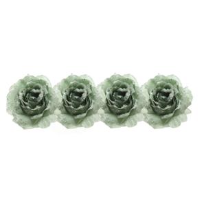 Decoratie roos - 4x - op clip - salie groen - 14 cm - kunststof - kerstbloemen - kerstboomversiering