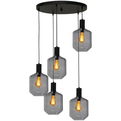 Masterlight 5-lichts vide hanglamp - zwart -Porto met Jagger smoke glazen - 2712-05-05-50-5-11