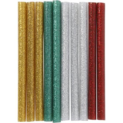Creativ Company Lijmstiften mini, l: 10 cm, d 7 mm, glitter, goud, groen, rood, zilver, 10 stuk/ 1 doos