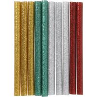 Creativ Company Lijmstiften mini, l: 10 cm, d 7 mm, glitter, goud, groen, rood, zilver, 10 stuk/ 1 doos