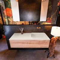 Badkamermeubelset Mondiaz Erin 120 cm met 1 Lade met RIDGE Wastafel Rechts Linen Zonder Kraangaten Greeploos Mat Washed Oak