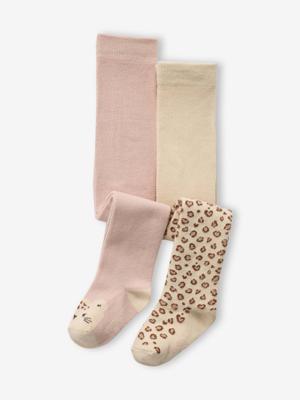 Set van 2 panty's voor babymeisjes met luipaardmotieven overal en een luipaardkop op de bovenkant van de voeten. roze (poederkleur)