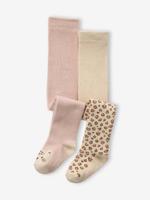 Set van 2 panty's voor babymeisjes met luipaardmotieven overal en een luipaardkop op de bovenkant van de voeten. roze (poederkleur)