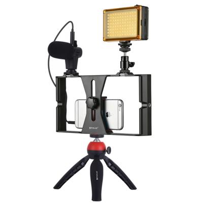 PULUZ 4 in 1 VLogging live uitzending LED Selfie licht smartphone video rig kits met microfoon + statief mount + koude schoen statief hoofd voor iPhon