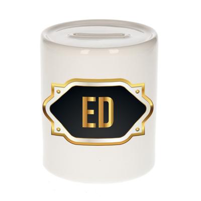 Spaarpot met voornaam Ed - wit - goud/zwart embleem - 8 x 9 cm - keramiek - afsluitdop